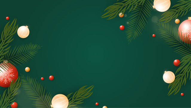 Festive holiday theme with Christmas ornaments and tropical palm leaves, perfect for holiday greetings cards, social media posts, and websites.