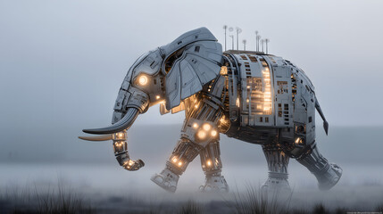 Mechanical elephant with glowing joints walking through surreal misty tech grassland