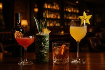 Artisan Craft Cocktail Bar with Exotic Fruit Garnishes and Premium Spirits in Upscale Lounge Setting