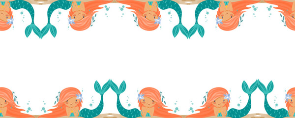 Vector marine border with cute red haired mermaids and bubbles at the top and bottom. Ideal for packaging, fabric, stationery and ocean themed collections