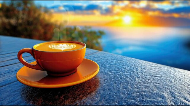 A cup of coffee on the table against the sunset.