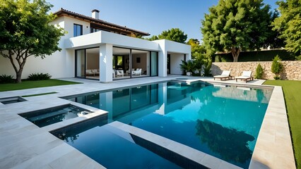 Luxury backyard oasis.  Modern pool, spa, landscaping. Tranquil escape.