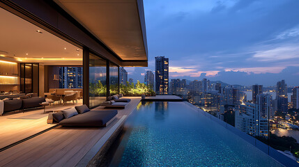 Luxury Rooftop Infinity Pool Overlooking a Vibrant City Skyline at Dusk