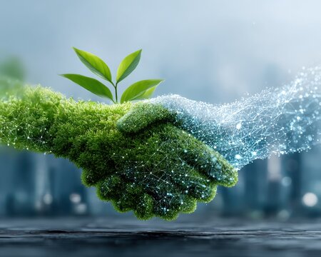 Environmental partnership, futuristic handshake