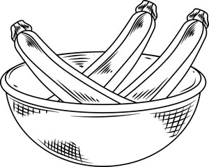 Zucchini in basket Hand Drawn Ink Sketch Engraving Style Collection Vector