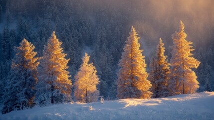 Fototapeta premium Frosty Winter Landscape with Snow-Covered Trees in Golden Light