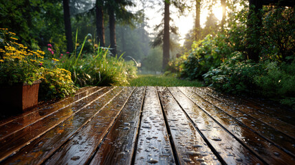 Obraz premium Secret villa concept. Sun-kissed wooden deck adorned with vibrant plants after rain.