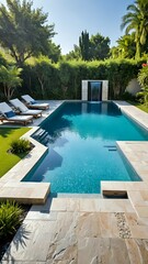 Luxury backyard oasis.  Modern pool, spa, landscaping. Tranquil escape.