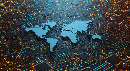 Digital World Map on Circuit Board Background