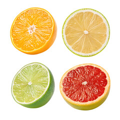 Fototapeta premium Four citrus fruit halves orange lemon lime grapefruit isolated on transparent background
