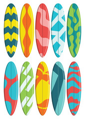 Surfing board vector set. Surfboard summer elements in colorful pattern design isolated in white background. Vector illustration summer surfing board elements collection