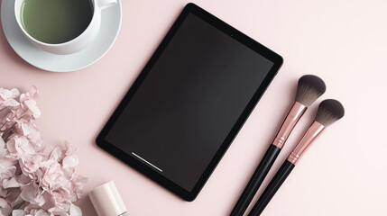 Flat lay mockup with a black iPad Pro (camera-side up) on a soft white-mauve background. 