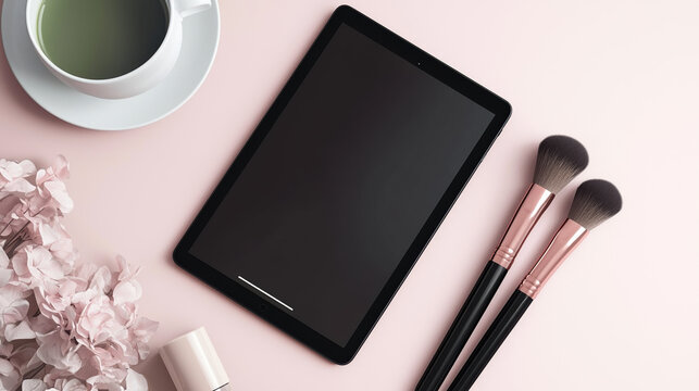 Flat lay mockup with a black iPad Pro (camera-side up) on a soft white-mauve background. 