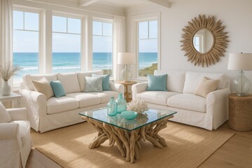Fototapeta premium Elegant coastal living room featuring whitewashed furniture, nautical accents, and natural textures in serene beach house