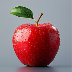Fresh Juicy Red Apple with Drops and Green Leaf on Grey Background