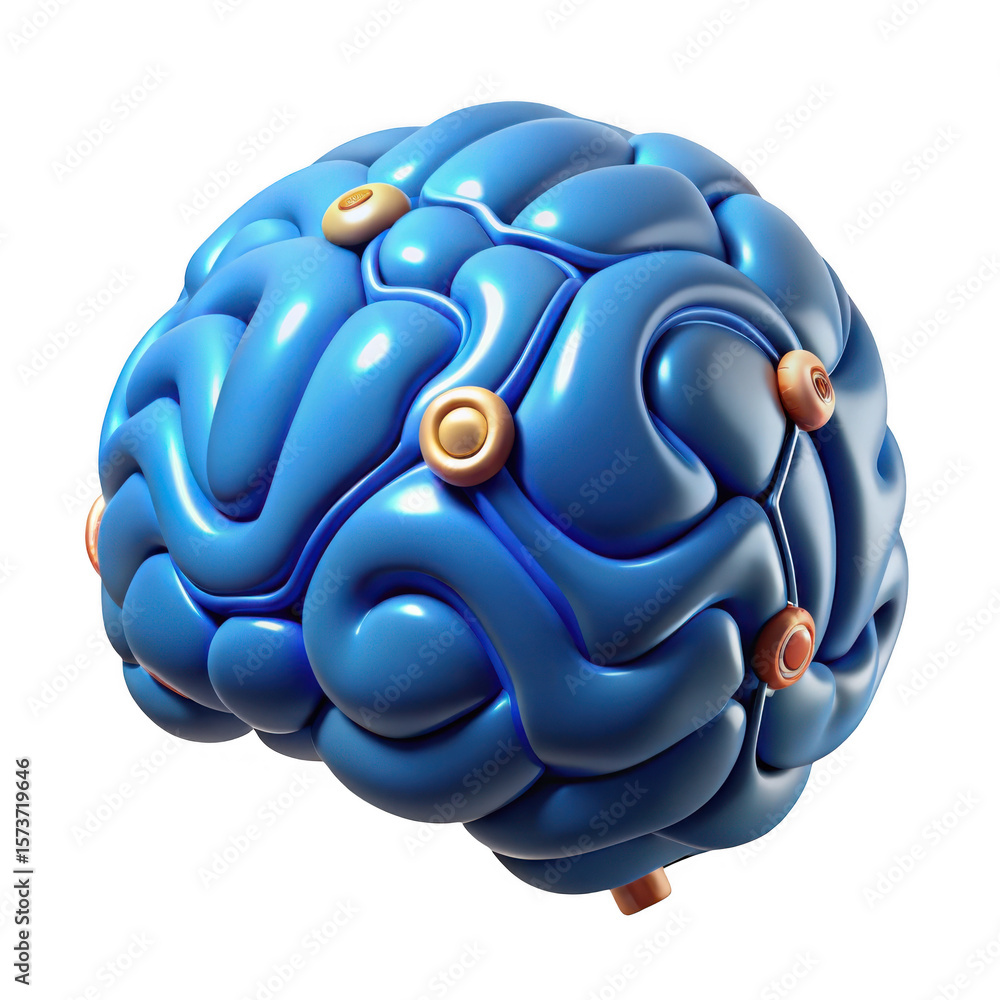 Poster 3d abstract blue brain render with metallic connectors isolated on transparent background