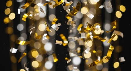falling gold and silver confetti with golden bokeh lights