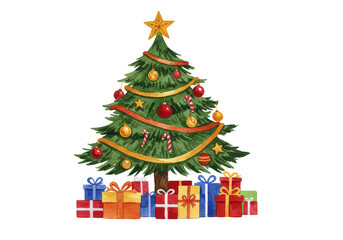 Festive Christmas Tree with Gifts Illustration Transparent Background