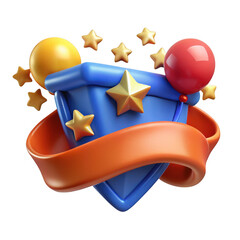 3d festive shield with balloons and stars isolated on transparent background