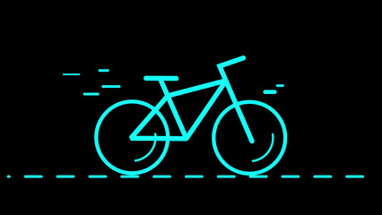 Neon blue bicycle illustration against a black background representing motion and speed