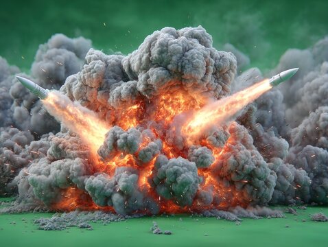 Exploding missiles on green background - Powered by Adobe