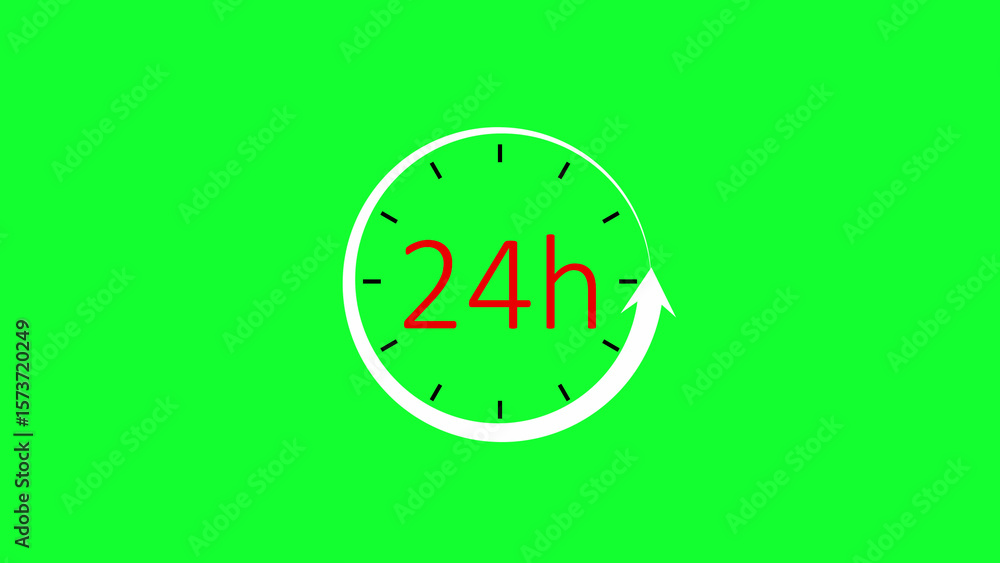 Poster 24 hours a day availability concept presented with clock and arrow on green background