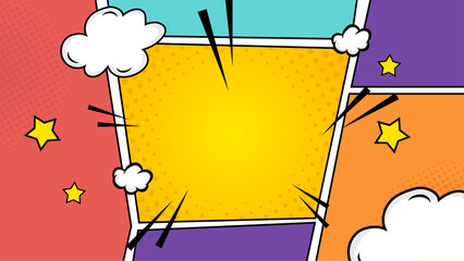 Colorful comic book background suitable for social media posts, presentations, or website banners featuring speech bubbles and stars.