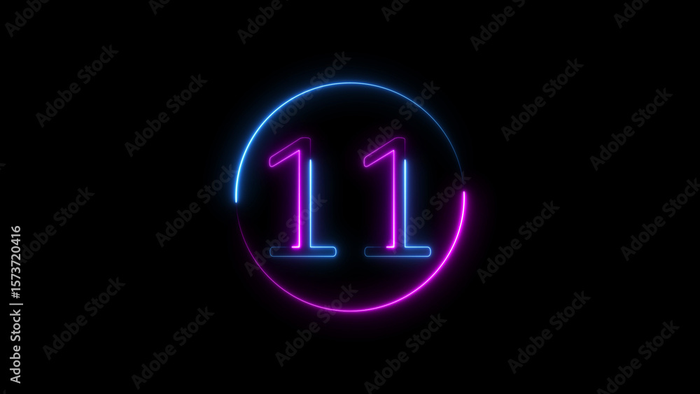 Poster glowing neon number eleven displayed inside a circular shape against black background