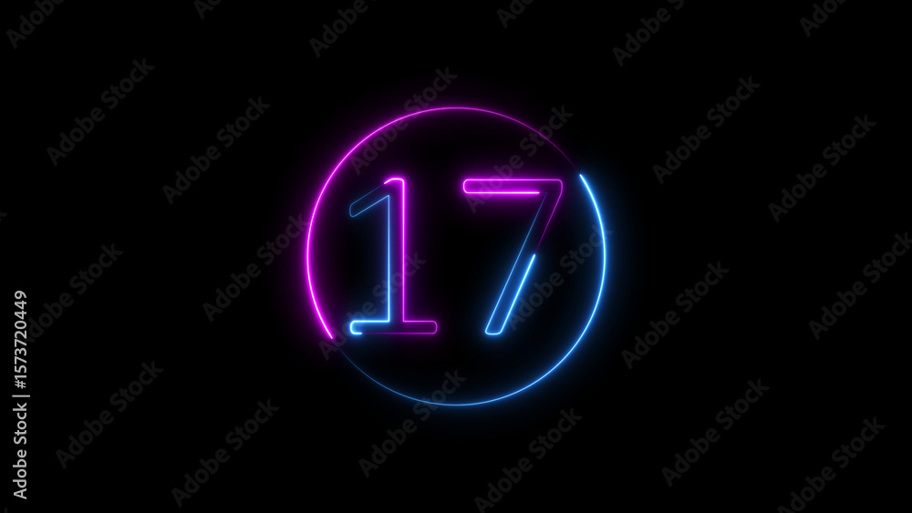 Poster glowing neon number seventeen graphic in a circular frame against a black background