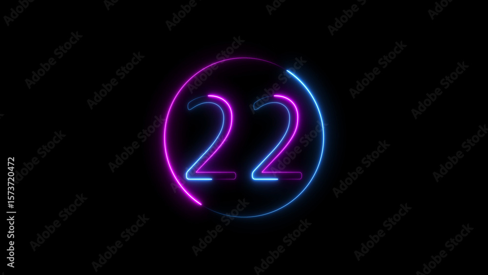 Poster glowing neon number twenty two inside a circular frame on black background