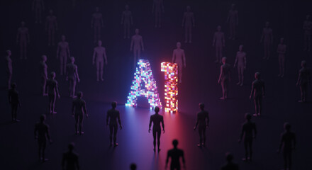 Illuminated 'AI' text surrounded by silhouettes of people in a futuristic setting