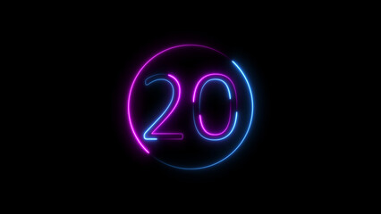 Neon number twenty glowing inside a glowing circle on a black background
