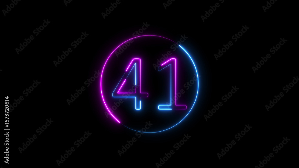 Poster futuristic neon number 41 inside illuminated circle on a deep black background