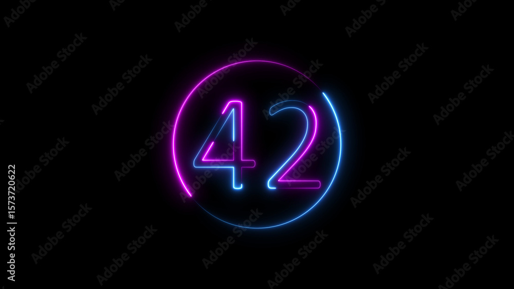 Poster illuminated neon number forty two within a circular design on black background