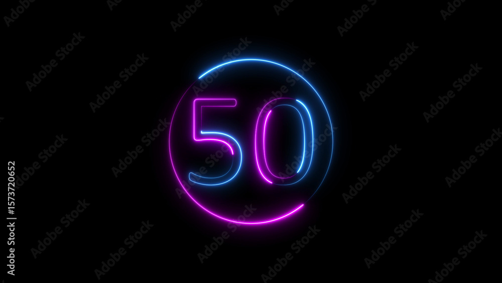 Poster glowing neon number 50 displayed inside a circle on a dark black background