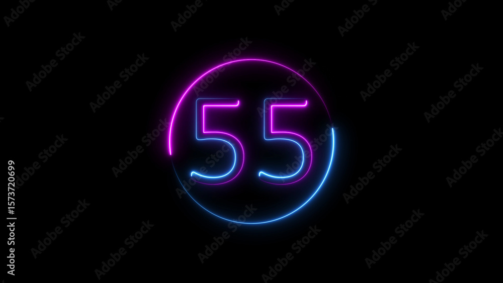 Aufkleber neon sign displaying the number fifty five inside a circular frame against black background