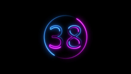 Digital neon sign illuminates number thirty eight within a circular frame against a black background