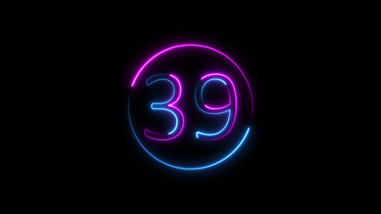 Glowing neon digital number thirty nine with a vibrant purple and blue illuminated outline