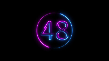 Glowing neon sign depicting the number forty-eight inside a circular shape on black background