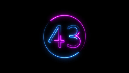 Glowing neon number 43 inside a circle on a black background