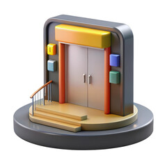 3d cartoon building entrance with steps isolated on transparent background