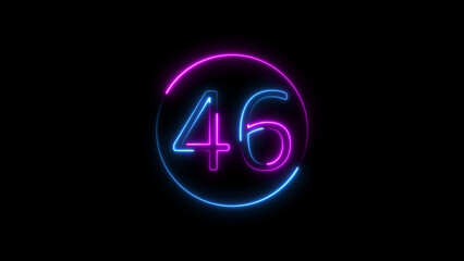 Neon number 46 displayed in a circle glowing with blue and pink lights on black background