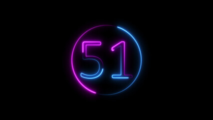 Neon number fifty one illuminated circle against a black background design