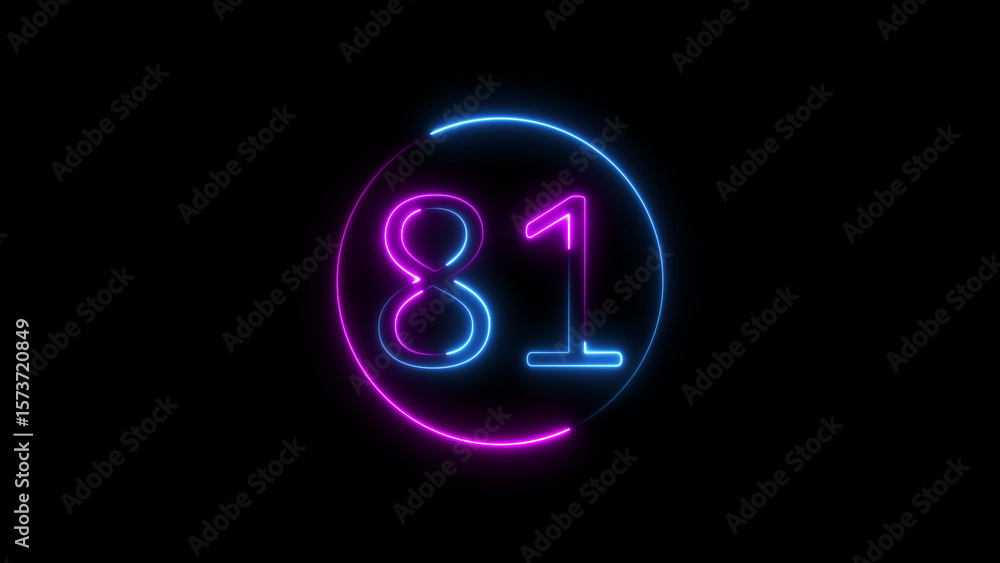 Poster neon sign illustrating the number eighty one in a circular frame on black background