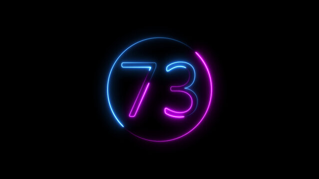 Neon seventy three within a blue and purple circle graphic on a black background