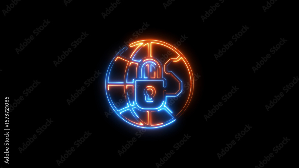 Poster neon globe and lock symbolizing internet and cybersecurity protection on dark background