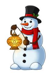 Festive Illustration Snowman with Lantern Mistletoe Scarf Hat and Carrot Nose
