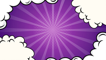 Purple comic book background with speech bubbles and rays suitable for graphic design projects, comic book layouts, and social media posts.