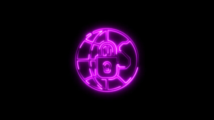 Glowing neon globe with padlock symbolizing global data security and protection