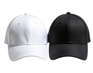 Front View of Black and White Baseball Caps Mockup on Neutral Grey Background, Transparent PNG